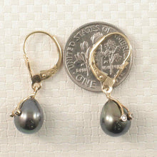 Load image into Gallery viewer, 14K Yellow Gold Diamond Black Cultured Pearl Leverback Earrings (7.5–8mm)