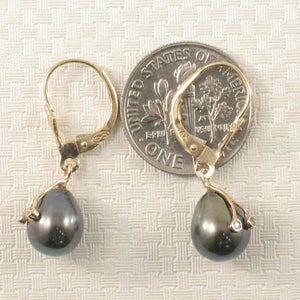 14K Yellow Gold Diamond Black Cultured Pearl Leverback Earrings (7.5–8mm)