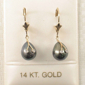 14K Yellow Gold Diamond Black Cultured Pearl Leverback Earrings (7.5–8mm)