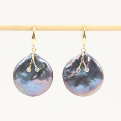 14K Yellow Gold Diamond Black Coin Pearl Hook Earrings