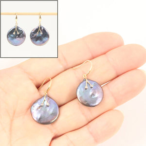 14K Yellow Gold Diamond Black Coin Pearl Hook Earrings