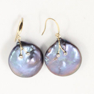 14K Yellow Gold Diamond Black Coin Pearl Hook Earrings