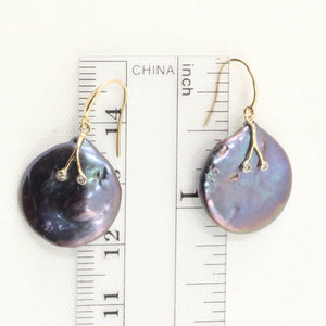 14K Yellow Gold Diamond Black Coin Pearl Hook Earrings