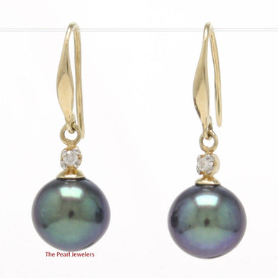 14K Yellow Gold Black Round Pearl Hook Earrings with Diamonds