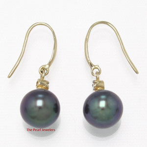 14K Yellow Gold Black Round Pearl Hook Earrings with Diamonds