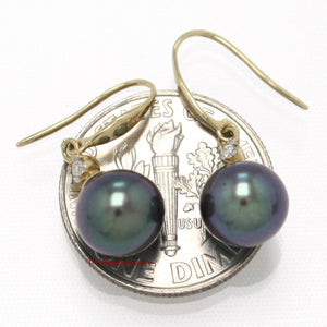 14K Yellow Gold Black Round Pearl Hook Earrings with Diamonds