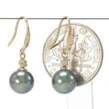 Load image into Gallery viewer, 14K Yellow Gold Black Round Pearl Hook Earrings with Diamonds