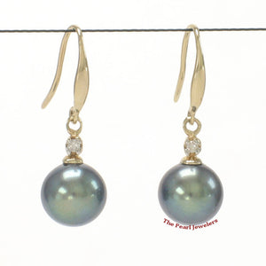 14K Yellow Gold Black Round Pearl Hook Earrings with Diamonds