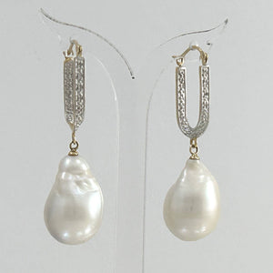 14K Yellow Gold Diamond Baroque Pearl Dangle Earrings