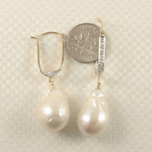 14K Yellow Gold Diamond Baroque Pearl Dangle Earrings