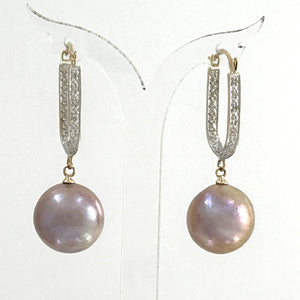 14K Yellow Gold Diamond Lavender Pearl Dangle Earrings