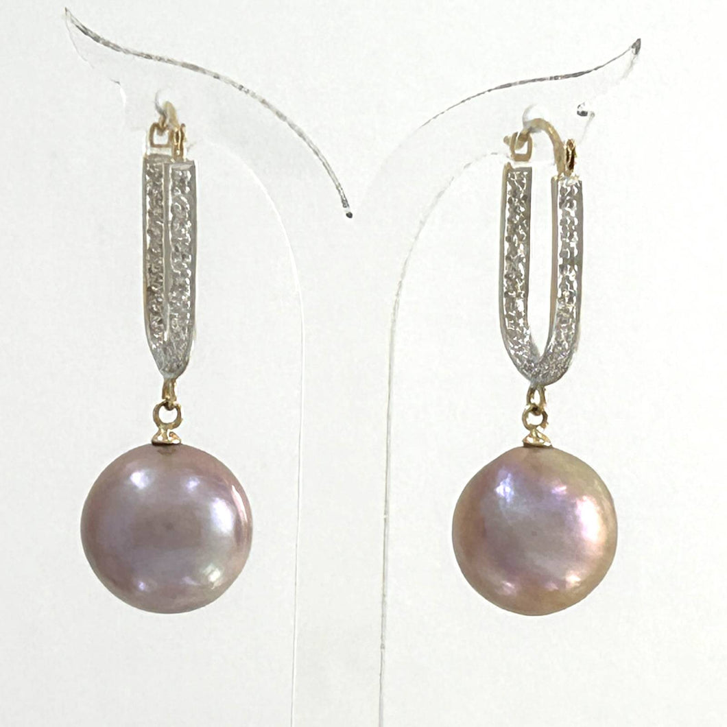 14K Yellow Gold Diamond Lavender Pearl Dangle Earrings