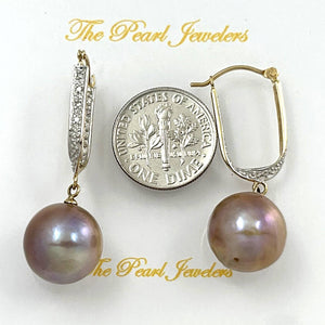 14K Yellow Gold Diamond Lavender Pearl Dangle Earrings