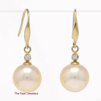 14K Yellow Gold Peach Round Pearl Hook Earrings with Diamonds