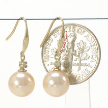 Load image into Gallery viewer, 14K Yellow Gold Peach Round Pearl Hook Earrings with Diamonds