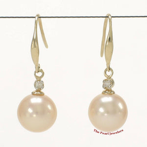 14K Yellow Gold Peach Round Pearl Hook Earrings with Diamonds