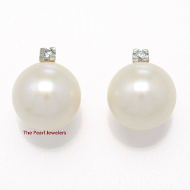 14K Yellow Gold Diamond White Pearl Stud Earrings (10–11mm)
