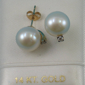 14K Yellow Gold Diamond White Pearl Stud Earrings (10–11mm)