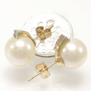 14K Yellow Gold Diamond White Pearl Stud Earrings (10–11mm)