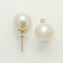 Load image into Gallery viewer, 14K Yellow Gold Diamond White Pearl Stud Earrings (10–11mm)
