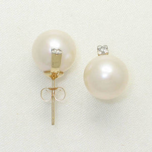 14K Yellow Gold Diamond White Pearl Stud Earrings (10–11mm)
