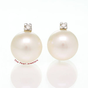 14K Yellow Gold Diamond White Pearl Stud Earrings (10–11mm)