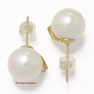 14K Yellow Gold Diamond White Pearl Stud Earrings (10–11mm)