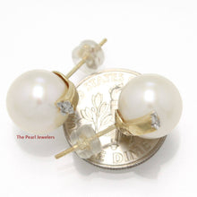 Load image into Gallery viewer, 14K Yellow Gold Diamond White Pearl Stud Earrings (10–11mm)