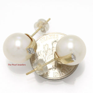 14K Yellow Gold Diamond White Pearl Stud Earrings (10–11mm)