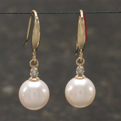 14K Yellow Gold White Round Pearl Hook Earrings with Diamonds