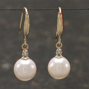 14K Yellow Gold White Round Pearl Hook Earrings with Diamonds