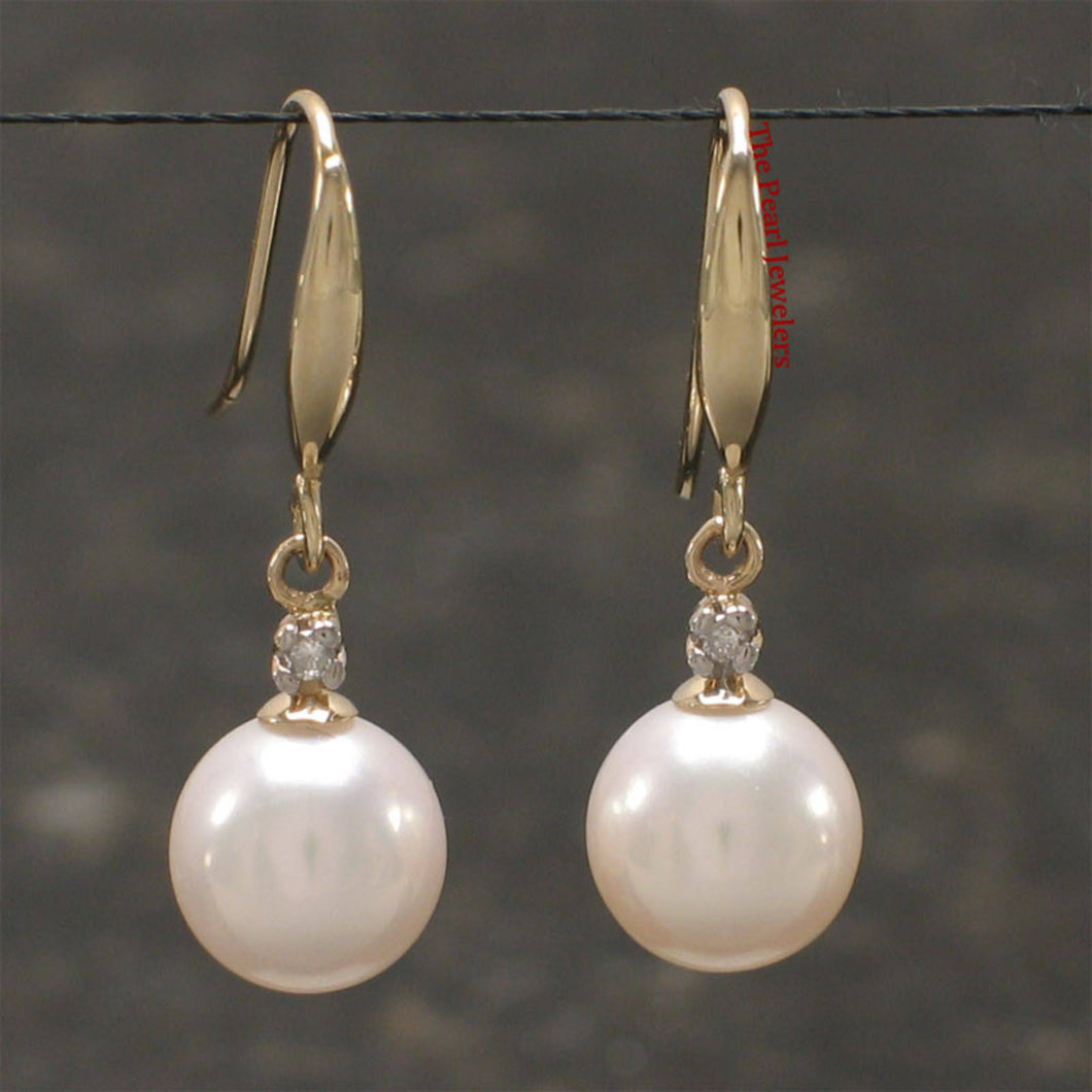 14K Yellow Gold White Round Pearl Hook Earrings with Diamonds