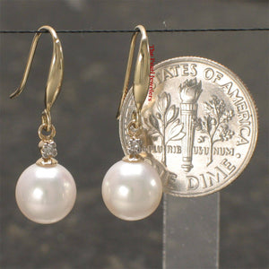 14K Yellow Gold White Round Pearl Hook Earrings with Diamonds