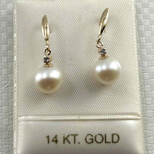 Load image into Gallery viewer, 14K Yellow Gold White Round Pearl Hook Earrings with Diamonds