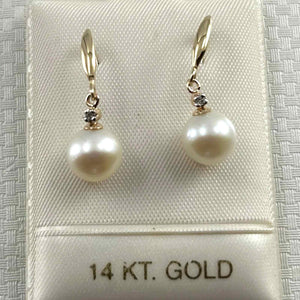14K Yellow Gold White Round Pearl Hook Earrings with Diamonds