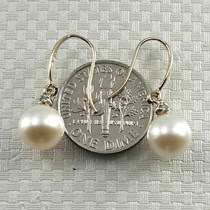 14K Yellow Gold White Round Pearl Hook Earrings with Diamonds