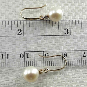 14K Yellow Gold White Round Pearl Hook Earrings with Diamonds