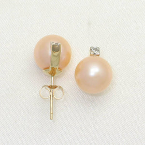 14K Yellow Gold Pink Pearl & Diamond Stud Earrings