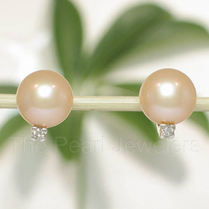 14K Yellow Gold Pink Pearl & Diamond Stud Earrings