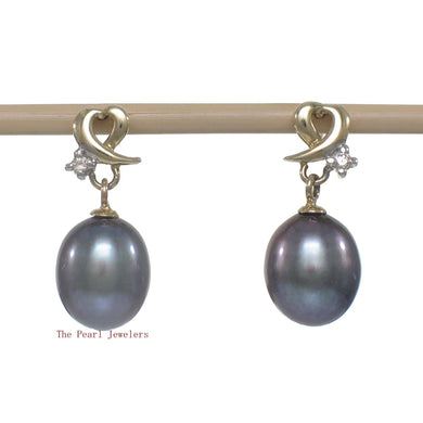 14K Yellow Gold Diamond Black Pearl Dangle Stud Earrings