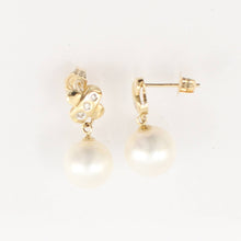 Load image into Gallery viewer, 14K Yellow Gold X-Design Diamond White Pearl Dangle Earrings