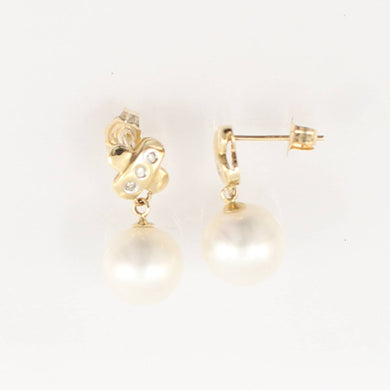 14K Yellow Gold X-Design Diamond White Pearl Dangle Earrings