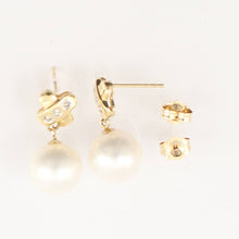 Load image into Gallery viewer, 14K Yellow Gold X-Design Diamond White Pearl Dangle Earrings