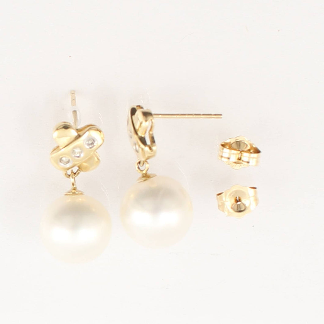 14K Yellow Gold X-Design Diamond White Pearl Dangle Earrings
