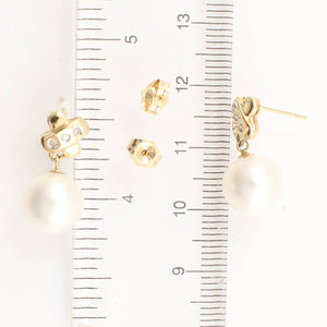 14K Yellow Gold X-Design Diamond White Pearl Dangle Earrings