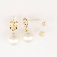 Load image into Gallery viewer, 14K Yellow Gold X-Design Diamond White Pearl Dangle Earrings