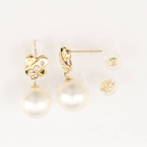 14K Yellow Gold X-Design Diamond White Pearl Dangle Earrings