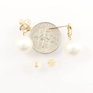 14K Yellow Gold X-Design Diamond White Pearl Dangle Earrings