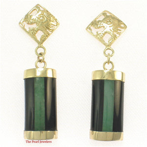 14K Yellow Gold Dragon Dangle Earrings with Jade & Black Onyx