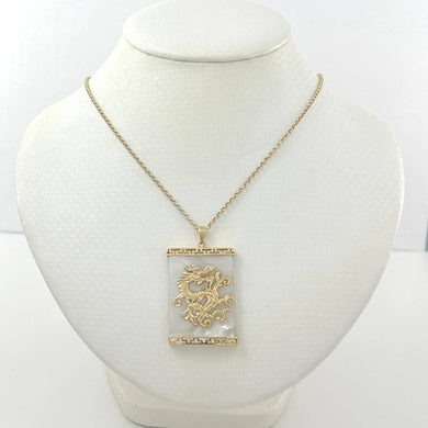 14k Yellow Gold Dragon & Greek Key White Mother of Pearl Pendant